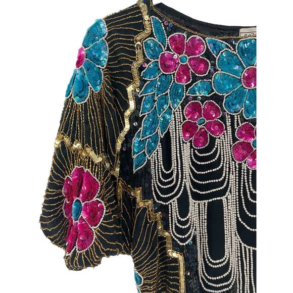1980s Vintage Chanson D’Amour Sequined Beaded Top Silk Black Floral size Small - Picture 4 of 15